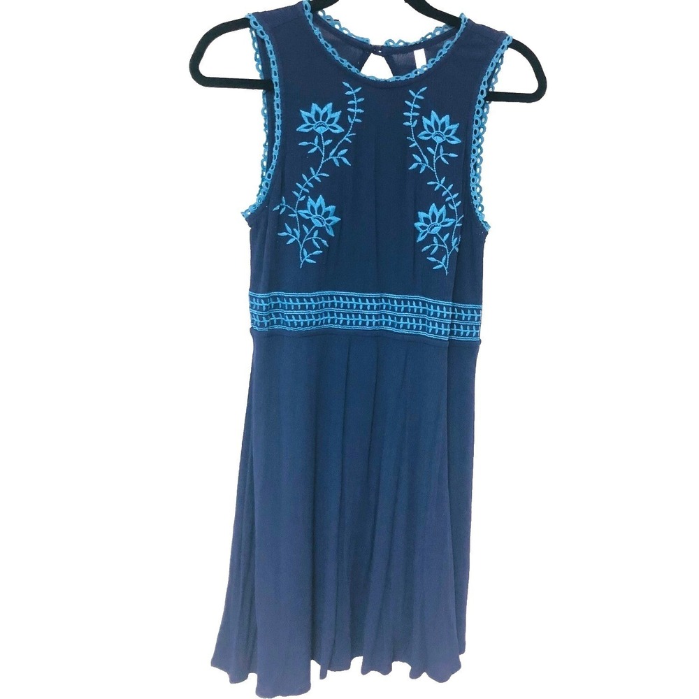 Y2K Womens‎ Embroidered Babydoll Dress Navy Gauzy Fairy Keyhole Boho Beachy Sz M